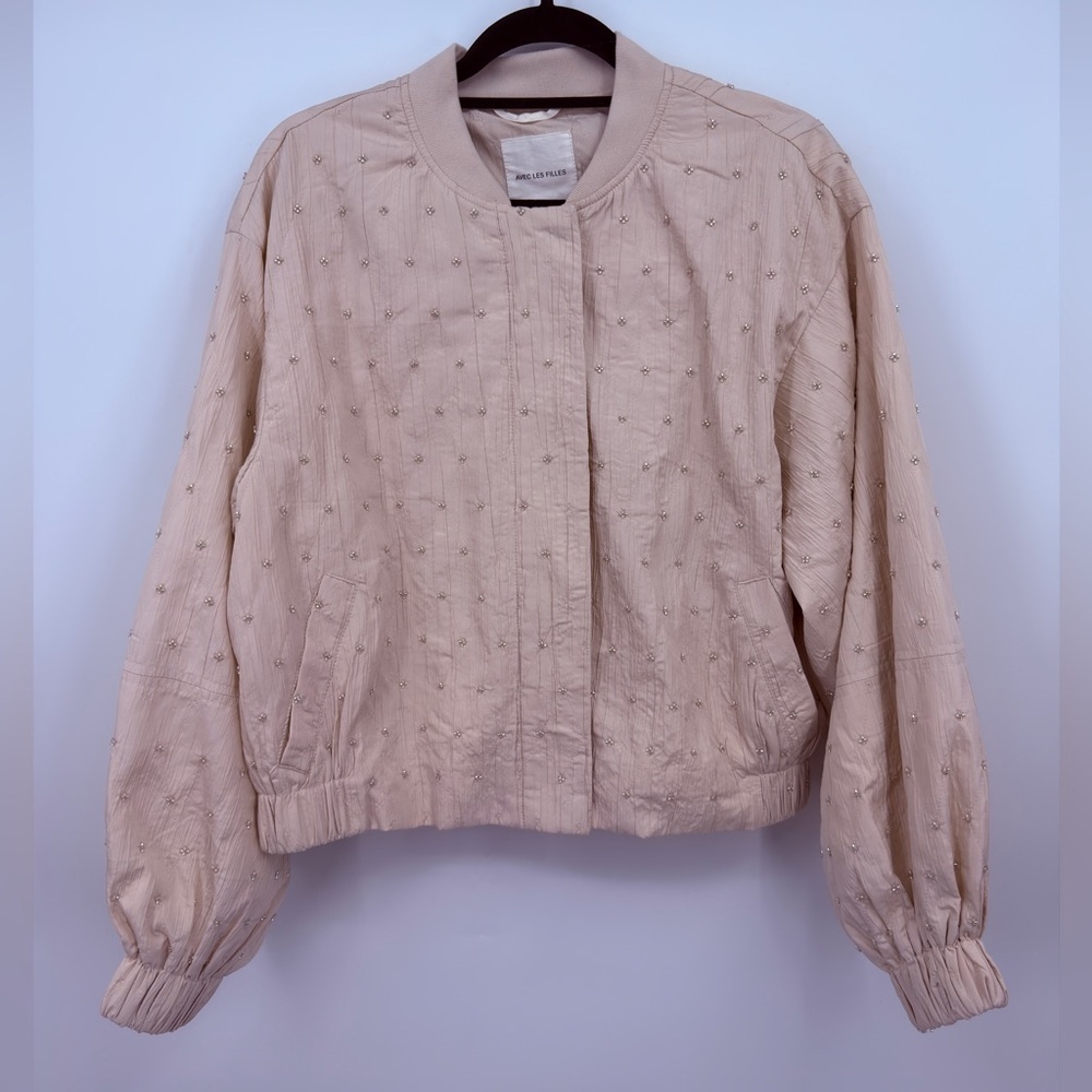 Avec Les Filles Blush Beaded Bomber Jacket Size M